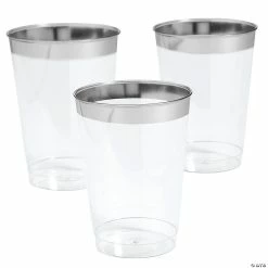 Budget 🤩 Clear Plastic Cups with Silver Rim - 50 Pc. 👍 -Birthday Party Cups Sales Store 13959029