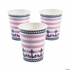 Coupon 🌟 Nautical Girl Anchors & Hearts Striped Paper Cups - 8 Pc. 🎉
