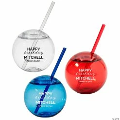 New ❤️ Personalized Round 🎂 Birthday Party Cups with Lids & Straws - 25 Pc. ❤️